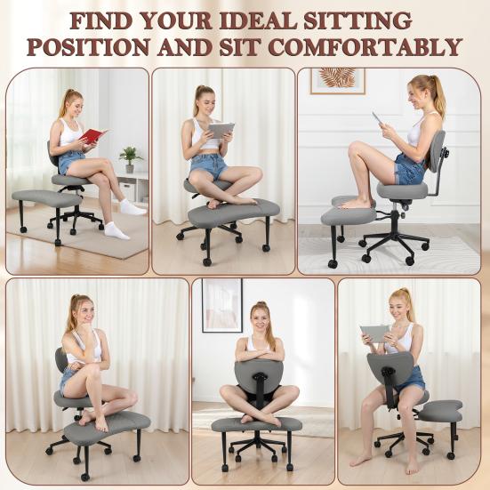 Silla de Oficina Giratoria Silla de Yoga, Meditación con Respaldo Ergonómico, Piernas Cruzadas Transpirable Cuero Sintético Ruedas, Arrodillado para Yoga en Casa, Ajustable