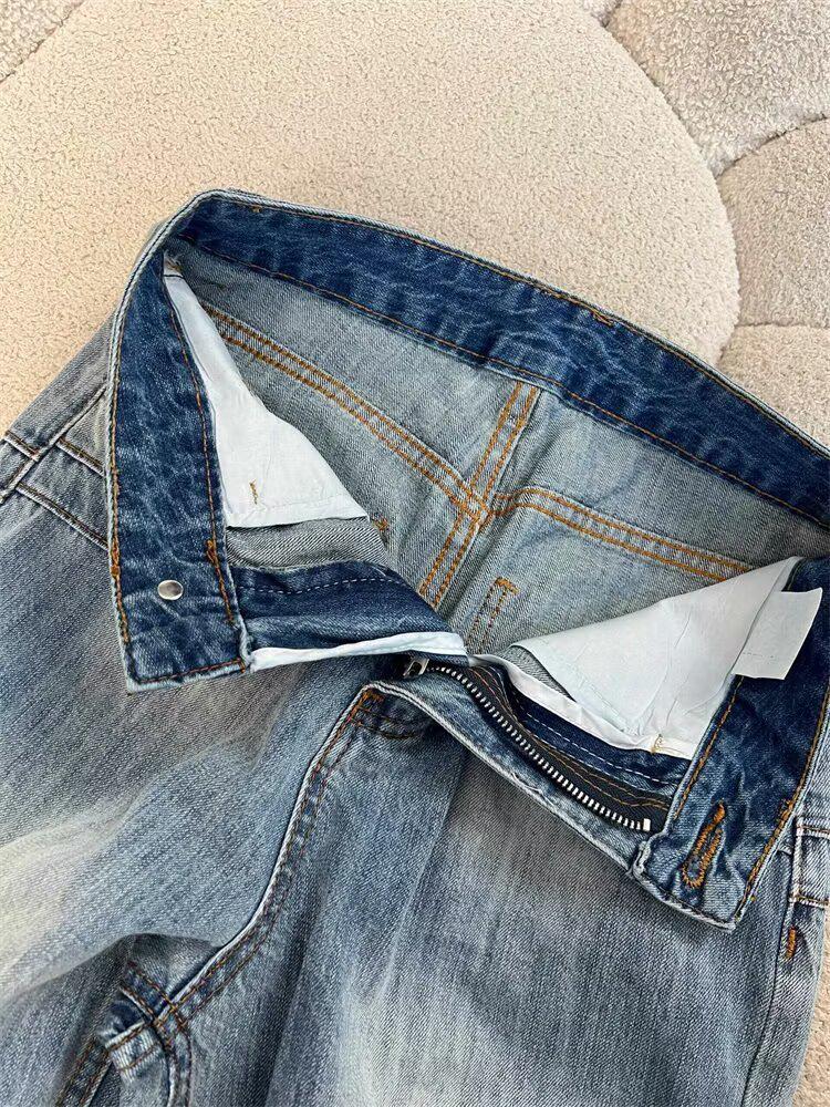 Women's Retro Washed High Waist Wide Leg Jeans - Autumn Straight Leg, Loose Fit, Floor Length