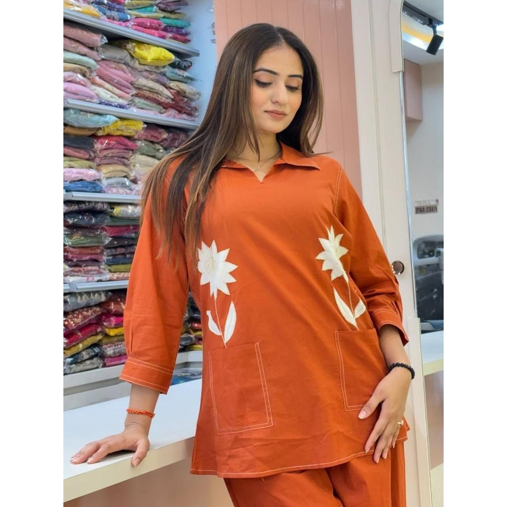 Women Cotton Slub Kurti with Palazzo Set Indian Designer Ethnic Kurta Cord Set