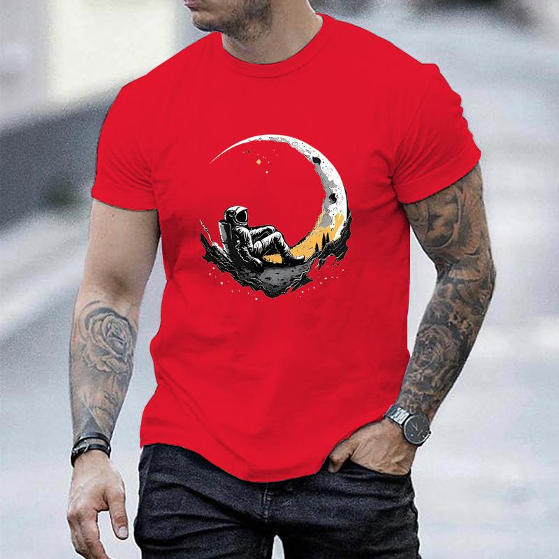 Men's Summer Fashionable Casual Loose Plus Size Landing Moon Pattern Printed Sports Round Neck Short Sleeved T-shirt