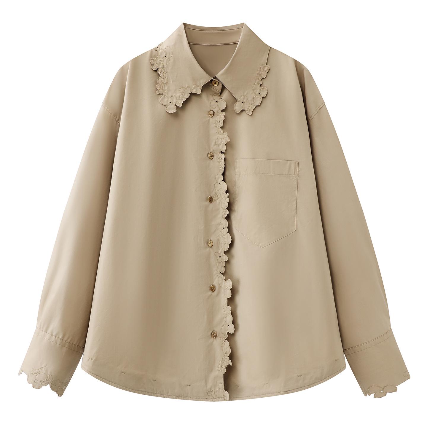 Spring 2026 Women s Loose Long Sleeve Embroidered Top Small хаки