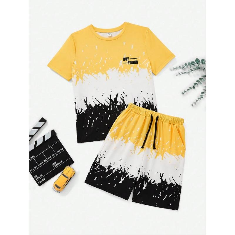 

Стильный летний подростковый комплект из футболки с графикой алфавита и шорт в стиле колор-блок 150