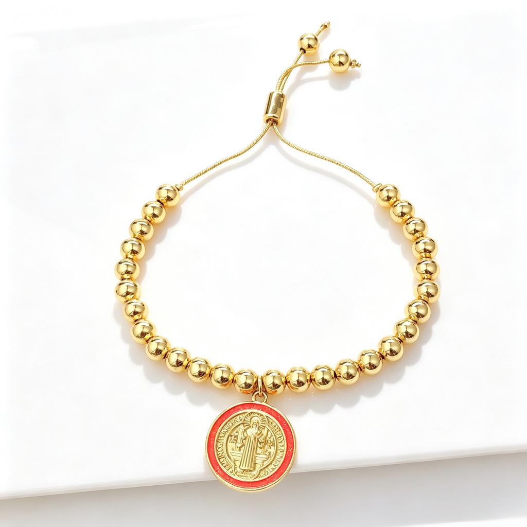 Gold-Plated 6mm Copper Bead Chain St. Benedict Pendant Adjustable Bracelet New Trend for Women's Daily Party Jewelry Accessory