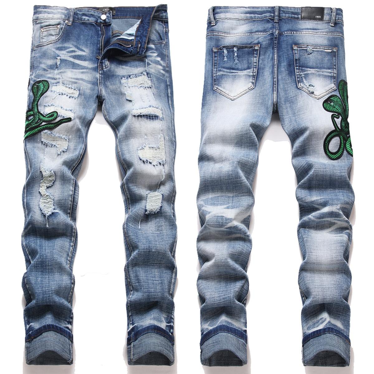 

Уличный стиль Синий деним Перфорированная нашивка Вышивка Молодежные мужские Приталенные брюки с узкими штанинами 38 синий