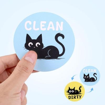 Dishwasher Clean Dirty Magnet Sign Cute Cat Round Magnetic Fridge Sticker Single-Sided Magnetic Indicator Kitchen Reminder Magnet