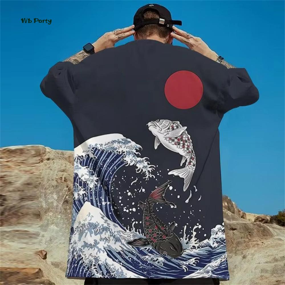 Japanese Ukiyo-E Men's T-Shirt Yin Yang Fish Printed Short Sleeve T-Shirt Oversized Casual Tops Summer Fashion Outdoor Clothing