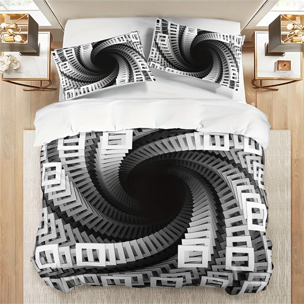 3-teiliges 3D Quadratisches Wirbel Bettbezug-Set (1 Bettbezug + 2 Kissenbezüge ohne Kissenfüllung), Weiche und atmungsaktive Druckbettwäsche