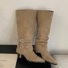 Mi Ting 2025 new two-wear pointed-toed thin-heeled high boots women's suede folds piled up boots but knee belt buckle