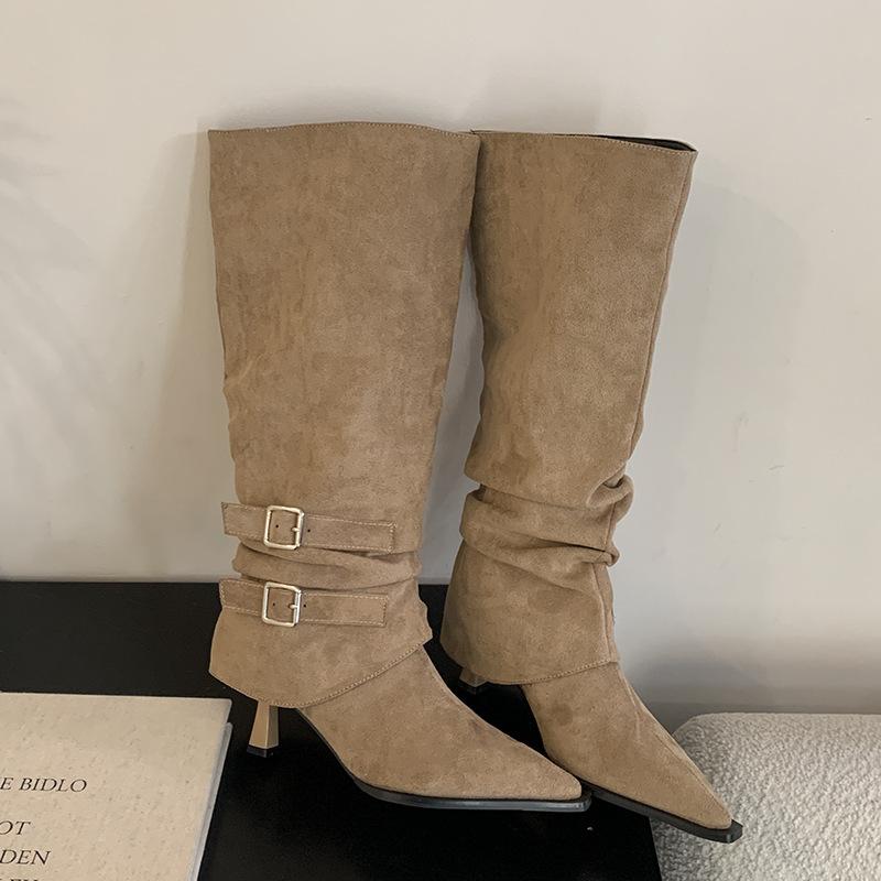 Mi Ting 2025 new two-wear pointed-toed thin-heeled high boots women's suede folds piled up boots but knee belt buckle