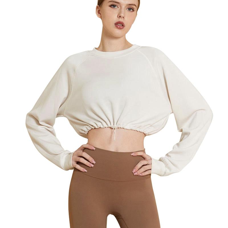 Loose Fit Langermet Yoga Sportsgenser Solid Stilig snøring avkortet topp Fitness-løpetopper