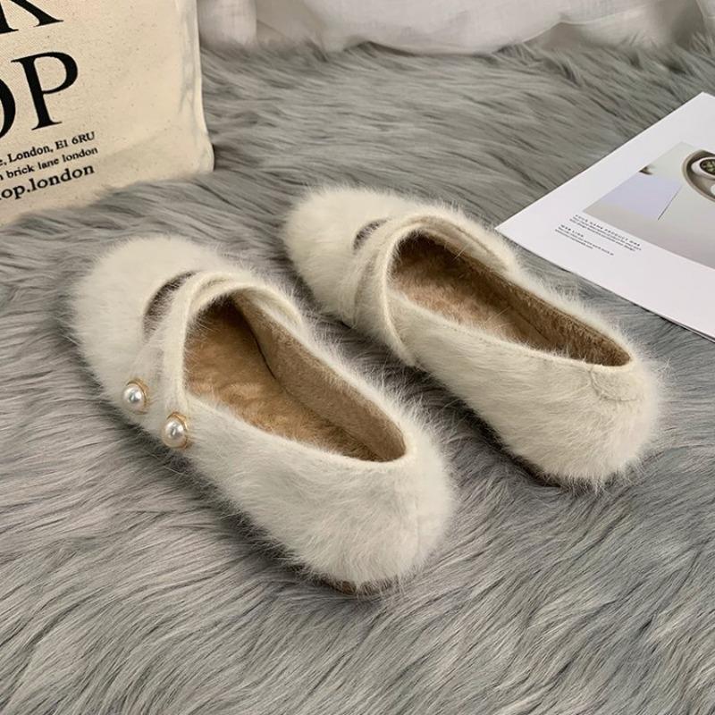 New Style Elegant Buckle Strap Fur Mary Jane Shoes Woman Cosy Soft Fluffy Ballet Flat Ladies Plush Shallow Loafers Concise Dress