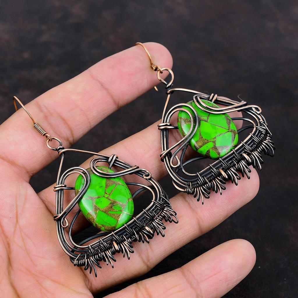 Copper Green Turquoise Earring Copper Wire Wrapped Earrings Gemstone Jewelry Handmade Latest Design Earring Gift For Her Copper Wire Jewelry