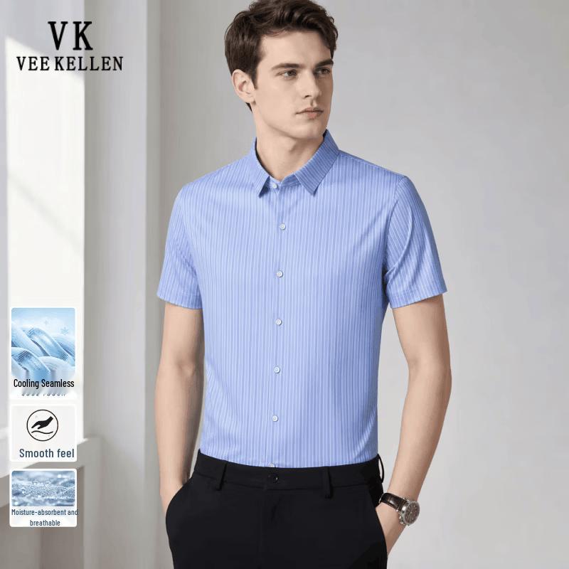 VEE KELLEN Men s Striped Short-Sleeve Business Casual Shirt L светло-синий