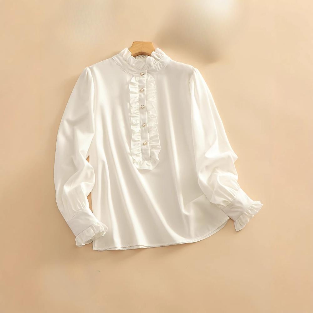women s Ruffled Collar Long Sleeve Blouse Elegant Solid Color Shirt Casual Commute Office Wear Tops S белый
