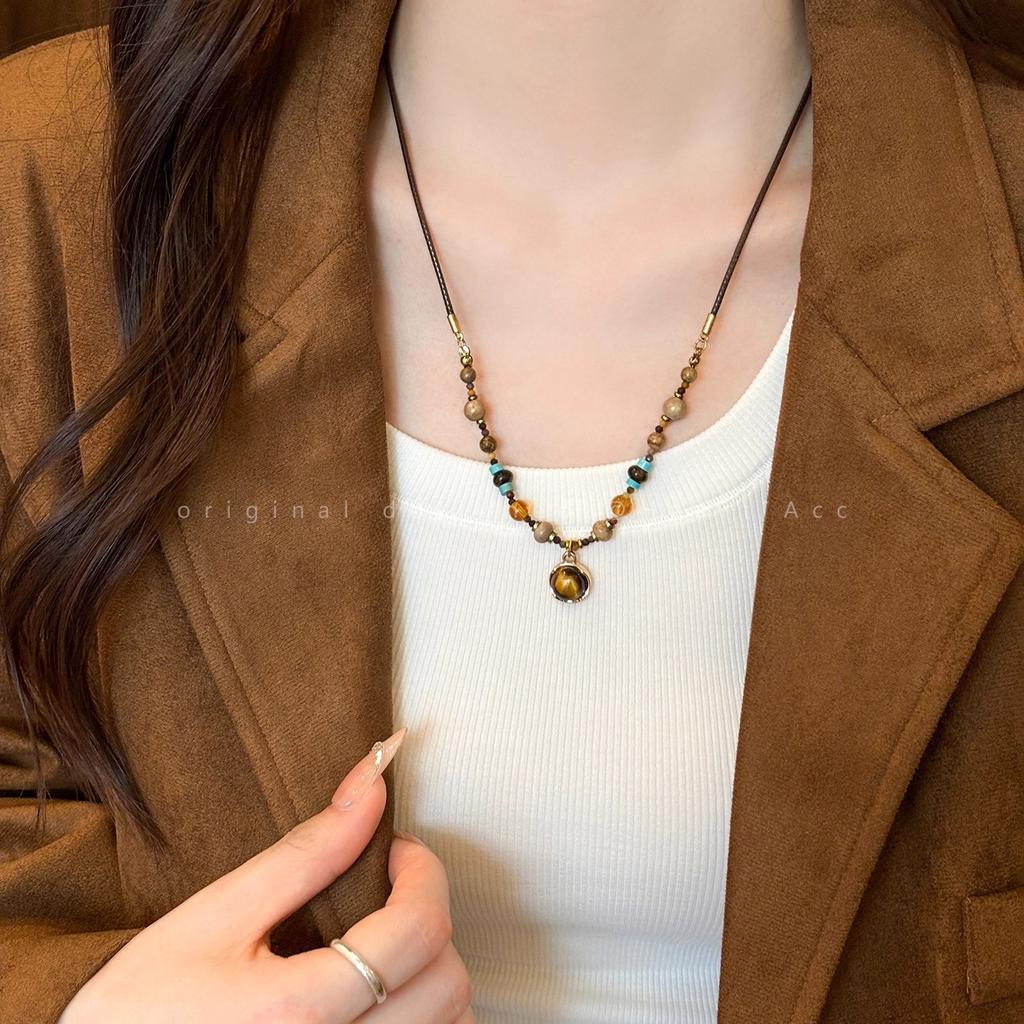 Maillard Tiger's Eye Stone Pendant Necklace Women's Light Luxury Temperament Beaded Clavicle Chain Niche