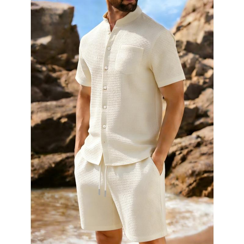 Men's Waffle Knit Short Sleeve Button Down Shirt And Drawstring Shorts Set