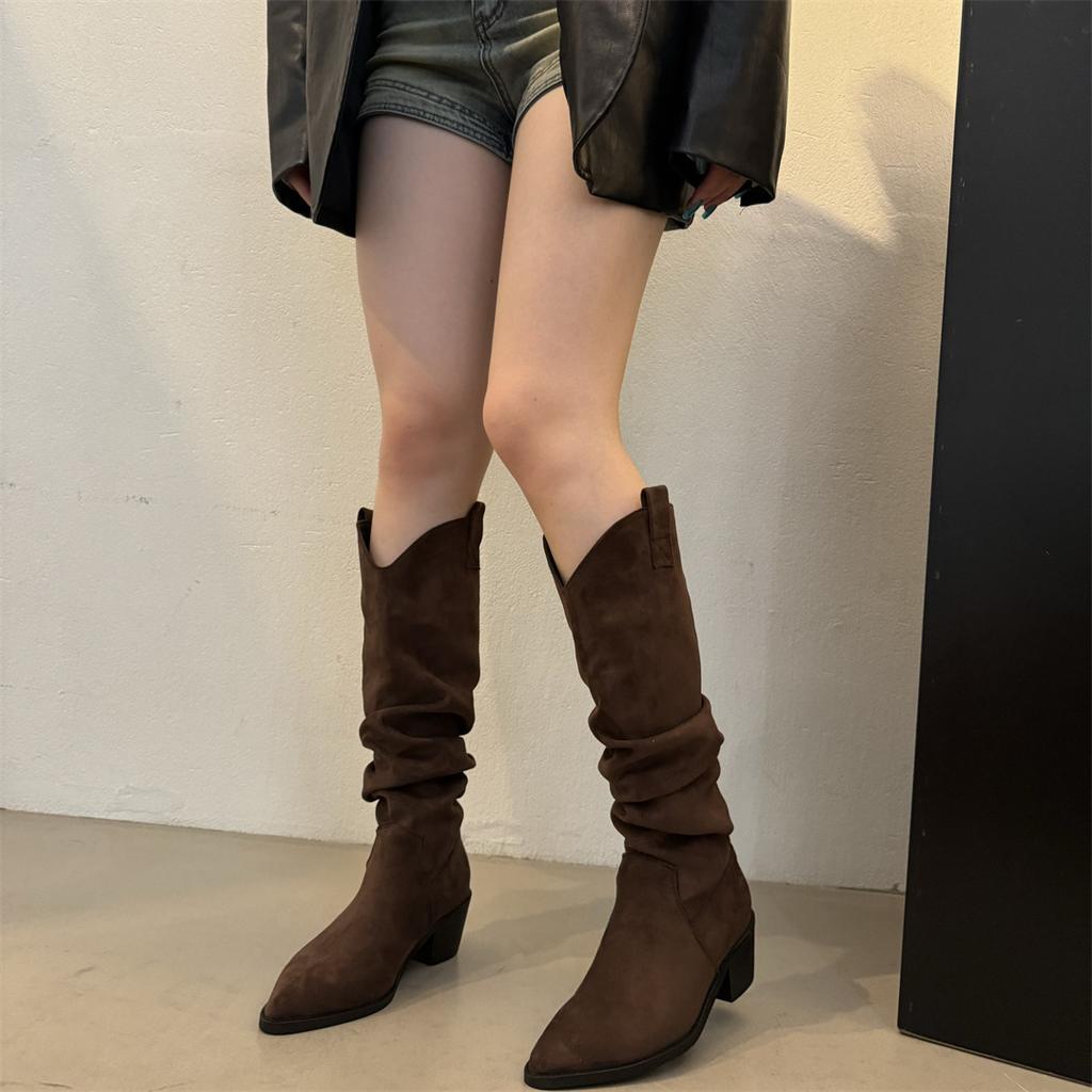 French Retro Coffee Stacked Boots Western Cowboy Boots Summer and Autumn High Boots Women's Boots Small Khaki Boots