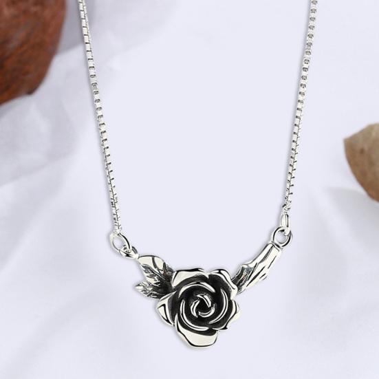 Women Necklace Vintage Floral Black Rose Stainless Old Design Neck Decoration Silver Color Smooth