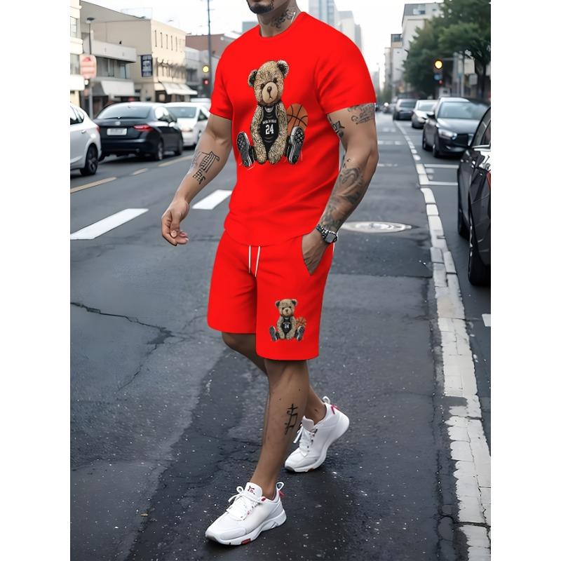 

Мужская новинка, повседневный комплект из полиэстеровой футболки и шорт с принтом медведя, слегка эластичный трикотаж, обычная летняя мода XL