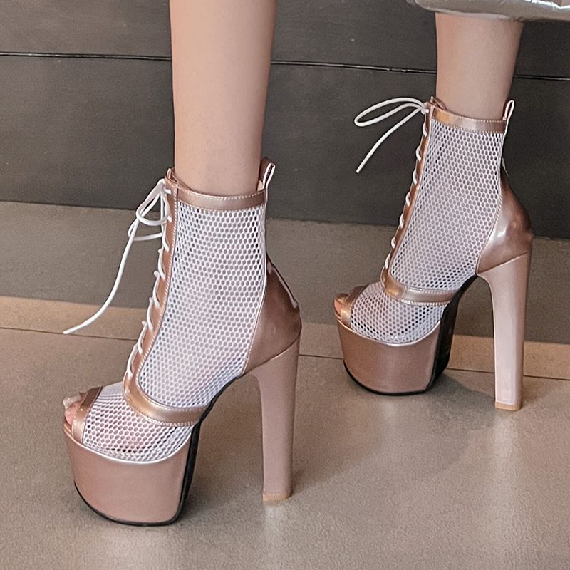 2025 Sexy Women Sandals Peep Toe Breathable Mesh Lace Up Peep Toe High Heels 15cm Platform 5cm 43 44 44 Party Shoes