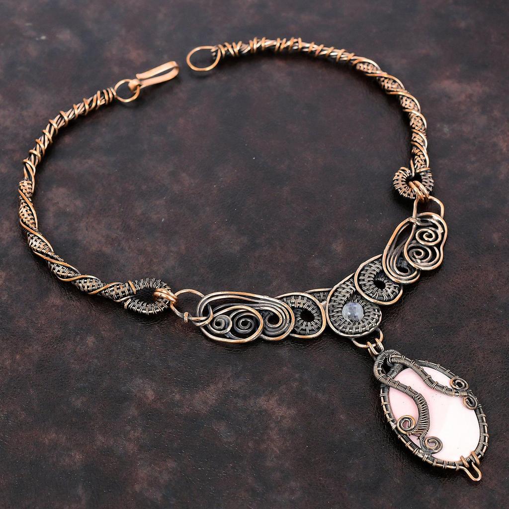 Pink Opal Necklace Copper Wire Wrapped Gemstone Necklace Rainbow Moonstone Necklace Handmade Necklace Copper Wire Jewelry Anniversary Gifts