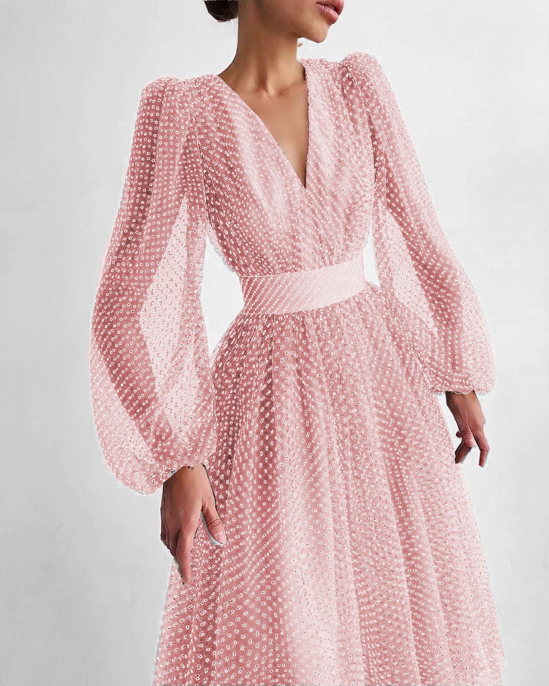 

2021 Весна/Лето Свободное Платье в Горошек с Буфами на Рукавах для Женщин S