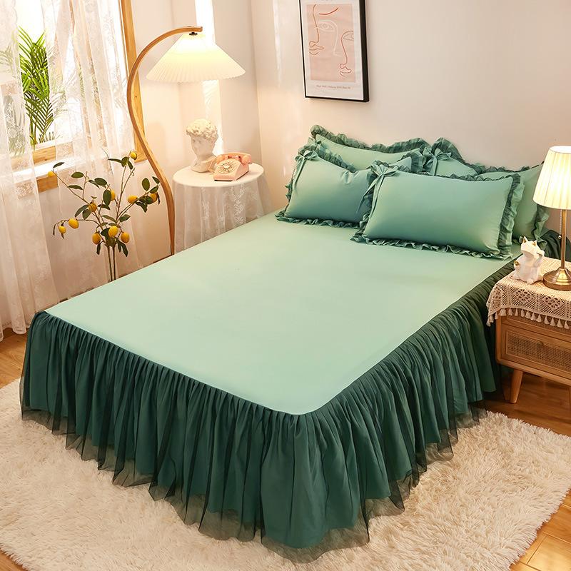 Wholesale Brushed Washed Cotton Bed Skirt Modern Simple Dust Ruffle with 3D Mesh Lace Pleated Edge Non-Slip Mattress Protector Cover Machine Washable