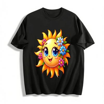 Cute Floral Sun Print Casual T-Shirt Kids Summer Breathable Top Pure Cotton T-shirt