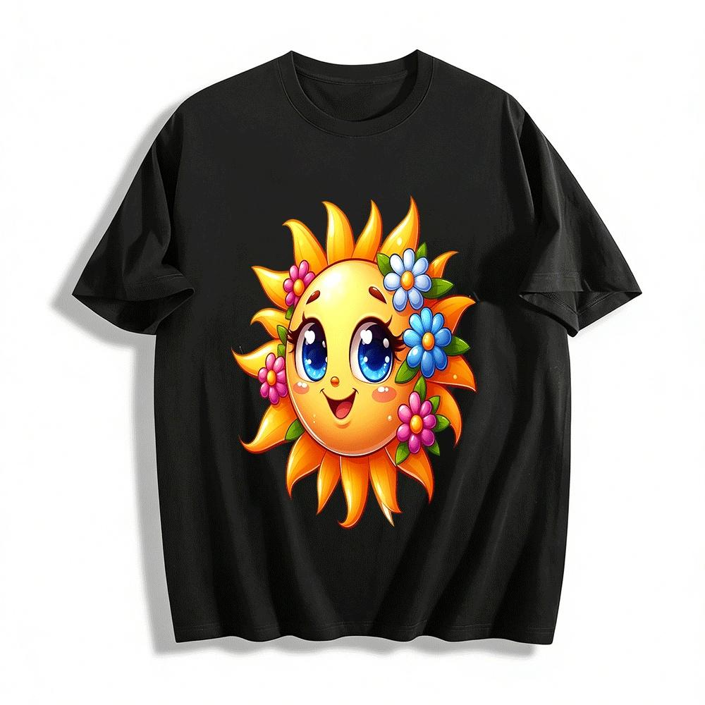 Cute Floral Sun Print Casual T-Shirt Kids Summer Breathable Top Pure cotton T-shirt XXS