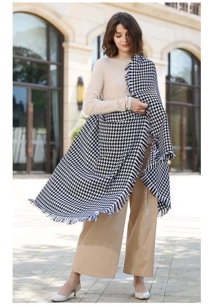 Inner Mongolia Houndstooth Wool Shawl: Dual-Use Long Tassel Scarf for Women - Autumn/Winter Collection.