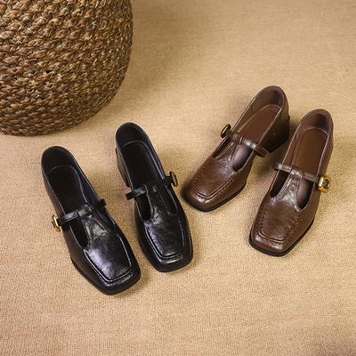 Chaussures Mary Jane pour femmes, automne nouveau, marron rétro, petites chaussures en cuir, tempérament, talon épais, boucle simple, chaussures simples