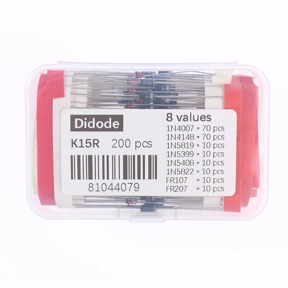 200STK/Eske 8 verdier Diodes Assorted Kit 1N4148 1N4007 1N5819 1N5399 1N5408 1N5822 FR107 FR207 Schottky Diode / Likeretter Diode