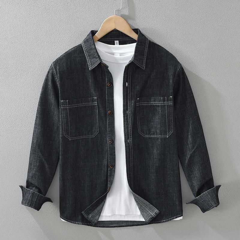 

Korean Retro Style Long Sleeve Blue Denim Shirt Men Spring/Autumn Slim Fit Mens Jean Shirt Lapel Collar 2 Pockets Cowboy Casual Tops M чёрный