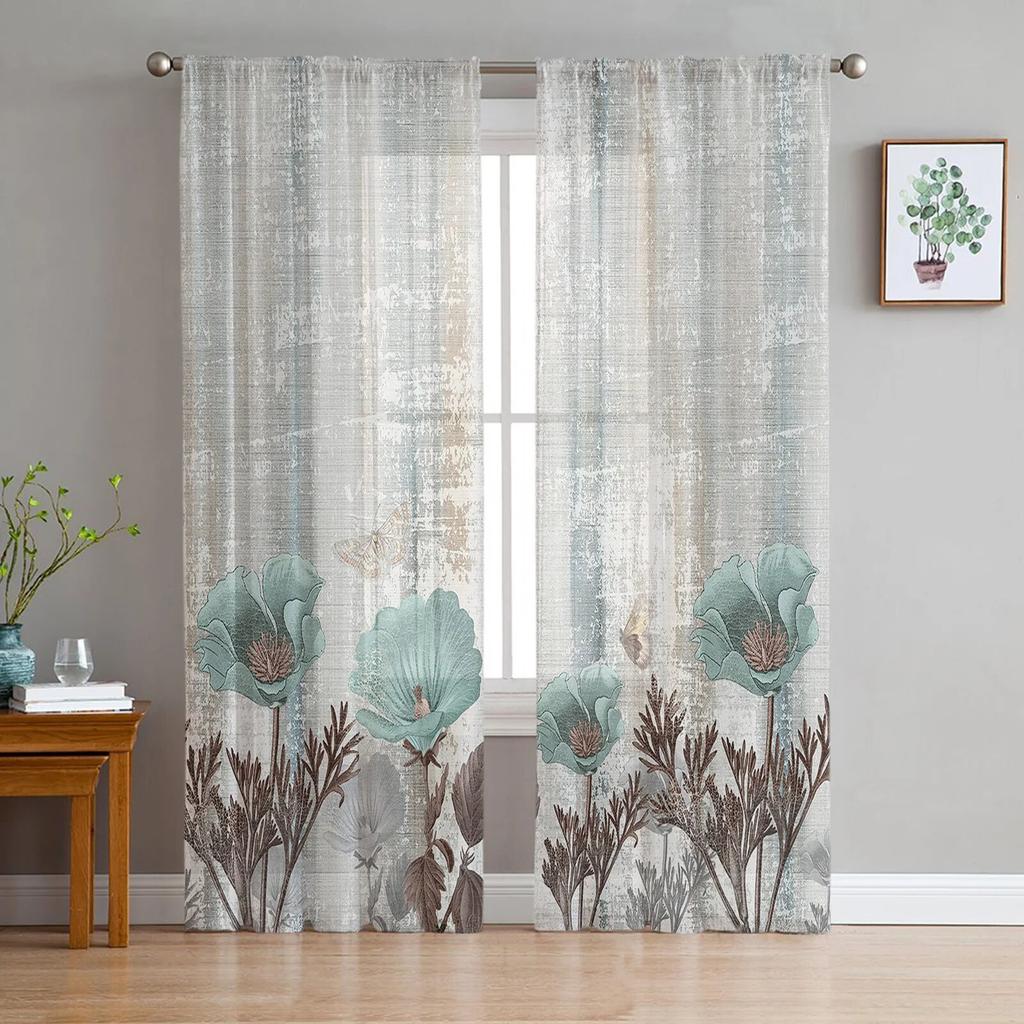 Vintage Tulpen Blumen Schmetterlinge Schlafzimmer Transparente Gardinen Urlaub Dekoration Fenster Voile Tüll Vorhang