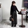 Girls' 2024 Autumn/Winter Sweet Retro Leather Jacket & Sweater Set with Wide-Leg Pants