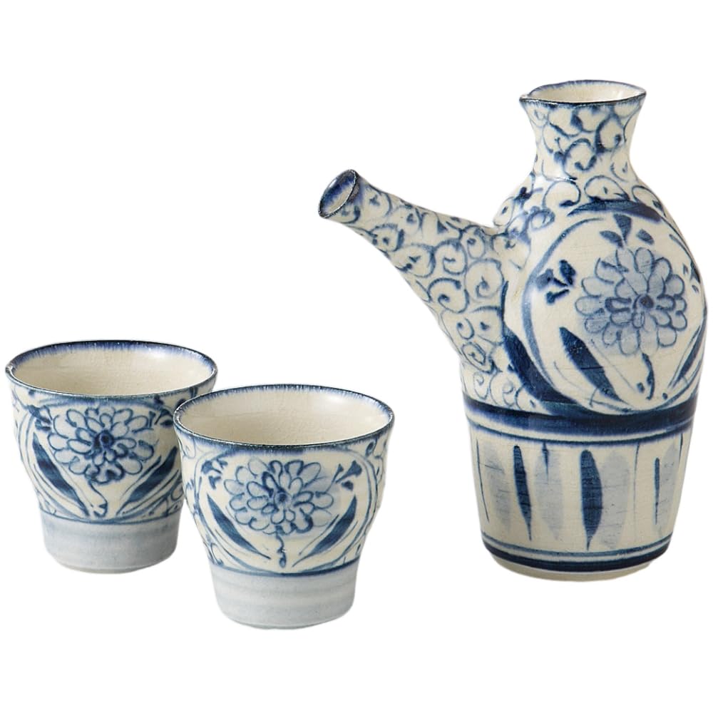 Sake Sake Bottle and Sake Cup X X Annan Flower Arabesque Mino Made In Japan Ale-net Set, Set, 11.8 8.2 H13.7cm, 310cc, Design, Porcelain, Ware,