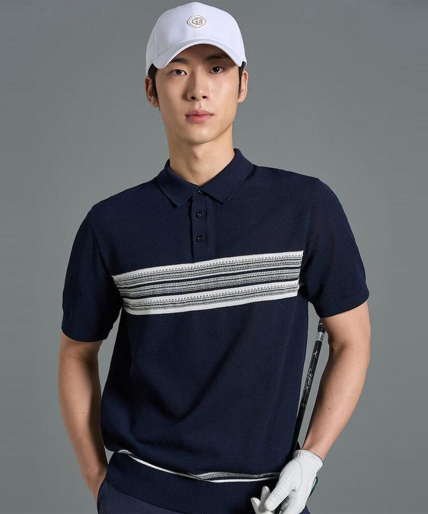 BEANPOLE GOLF Men'S Short Sleeve Striped Textured Collar T-Shirt - Navy