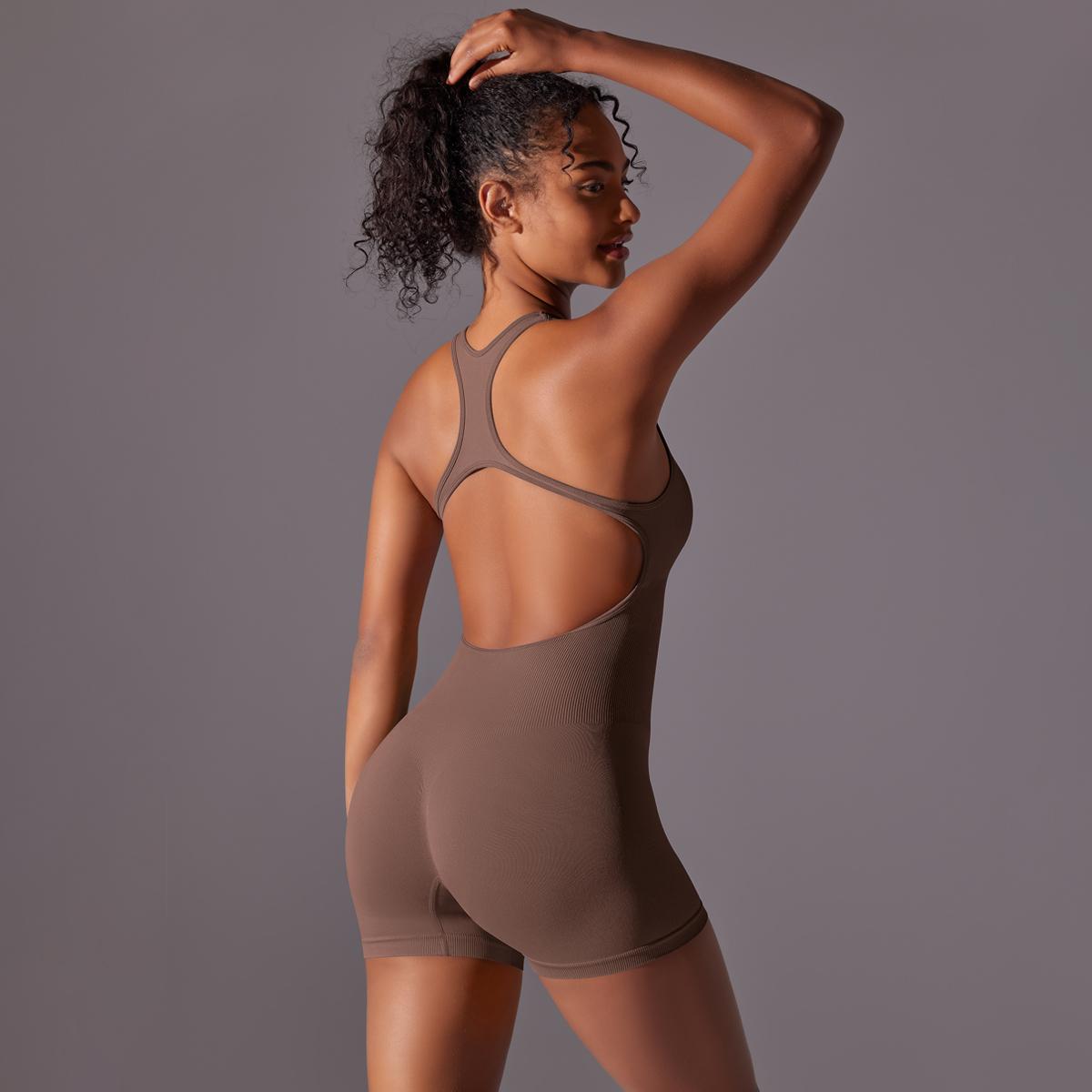 

Черное боди с эффектом пуш-ап Nessaj, спортивный комбинезон для спортзала, сексуальное боди для йоги и фитнеса, женские комбинезоны с высокой талией L коричневый