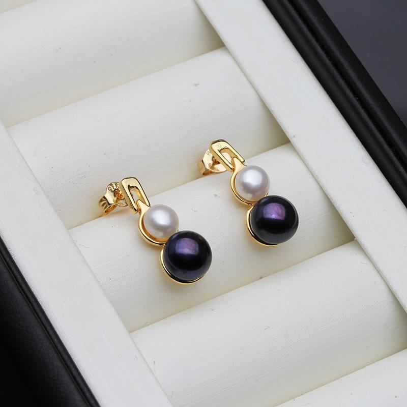 Beautiful White Double Pearl Earrings For Women,Real Natural Freshwater Stud Earrings Pearl Bridal White Black