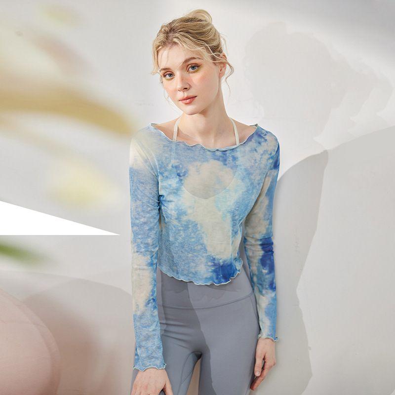 

Yoga Clothes Women s Long-Sleeved Tie-Dyed Tops Fitness Mesh Loose Thin off-Shoulder T-Shirt Yoga Blouse Women s Sky Blue Long sleeves XL