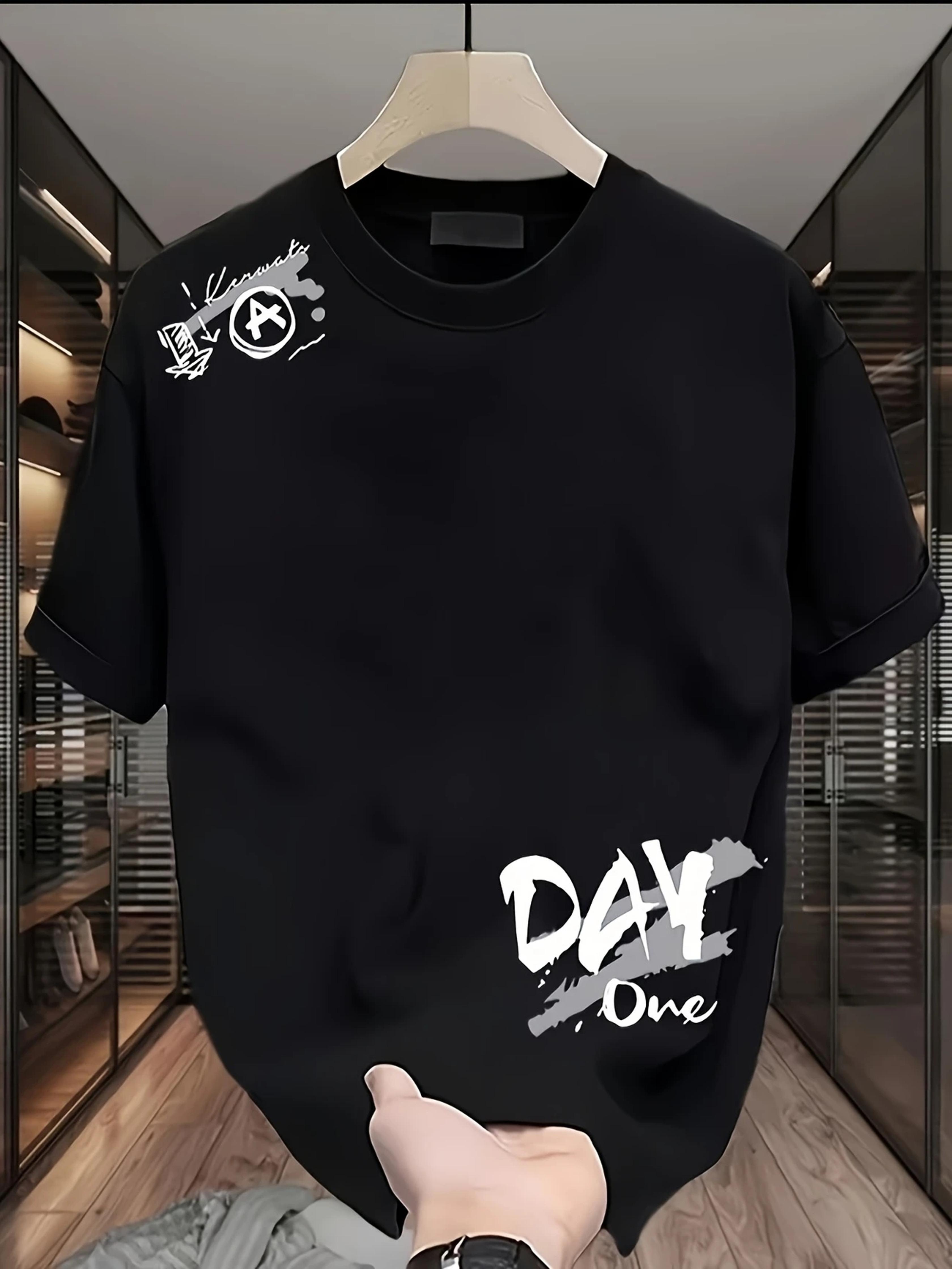 

Men s Black Short Sleeve T-Shirt with Round Neck & Geometric Alphanumeric Lettering Print - Soft Breathable Fabric XXL