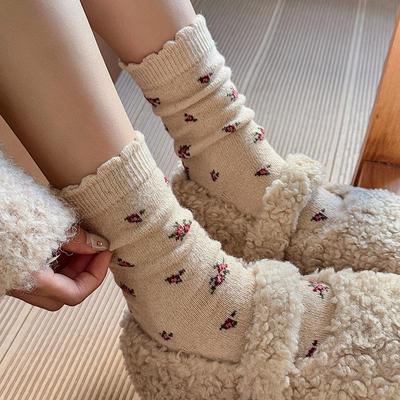 Women's Lace Floral Wool Socks - Velvet-Lined, Thick, Warm & Cute Mid-Calf for Autumn/Winter