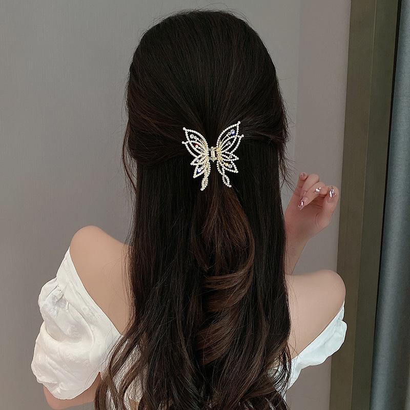 Elegant Korean Pearl Rhinestone Butterfly Claw Clip for Updos