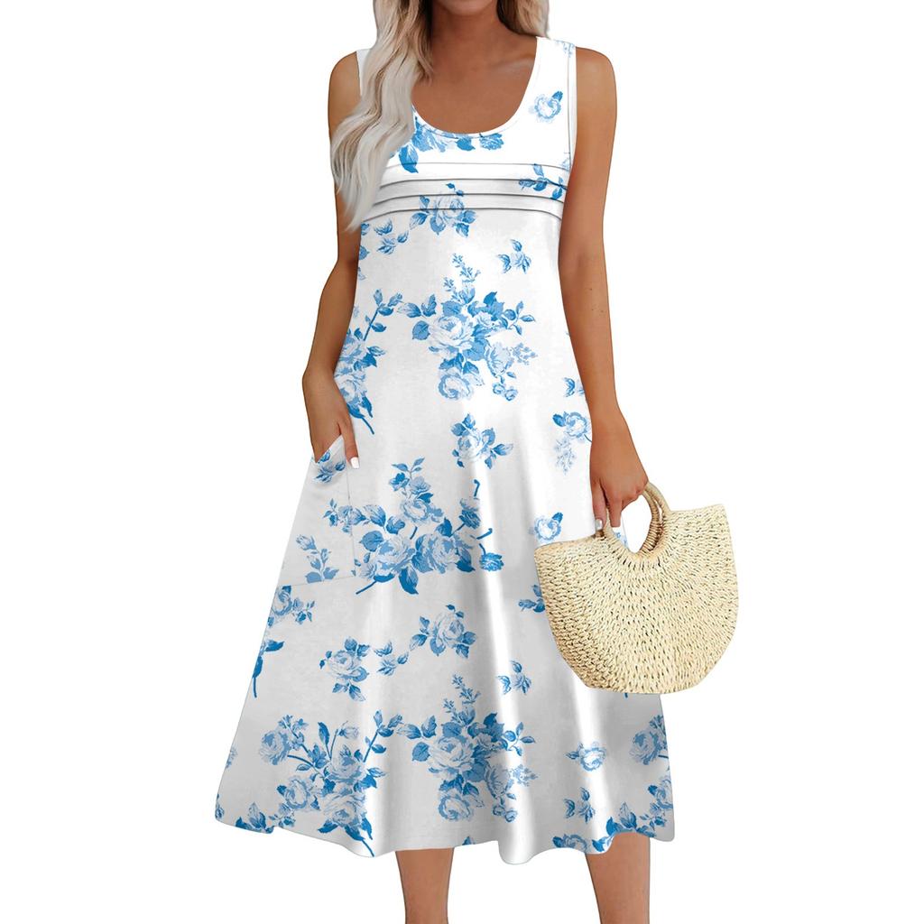 Women's Fashion Round Neck Sleeveless Pleated Beach Dress With Pockets Long Floral Dresses