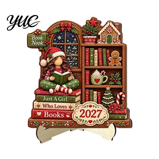 Christmas Shelf Decor Book Lover Gifts for Women, Just A Girl Who Loves Wooden Plaque, Holiday Ornaments 2D Flat Reading Block Sign with Stand