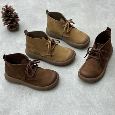 Retro Leather Single Boots Round Head Casual Short Boots Soft Bottom Flat Heel Cowhide Short Boots