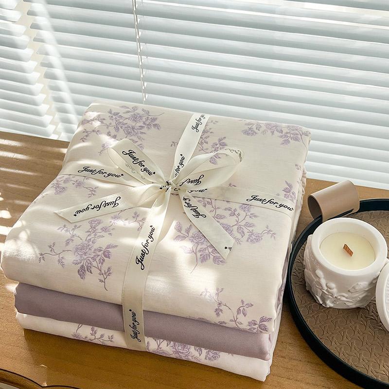 Ins Floral Print Bedding Set Knitted Cotton Flat Sheet Set Four Pieces Duvet Cover Double Layer-yarn 4Pcs Lovely Fitted Sheet