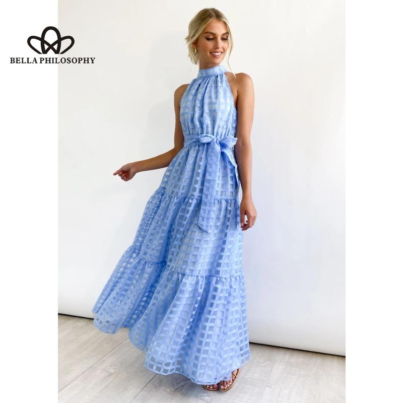 Evropská americká léto Nové pro volný čas Špičkové šaty bez rukávů v pase Velká houpačka Lehký vítr Plážové prázdninové šaty ke krku