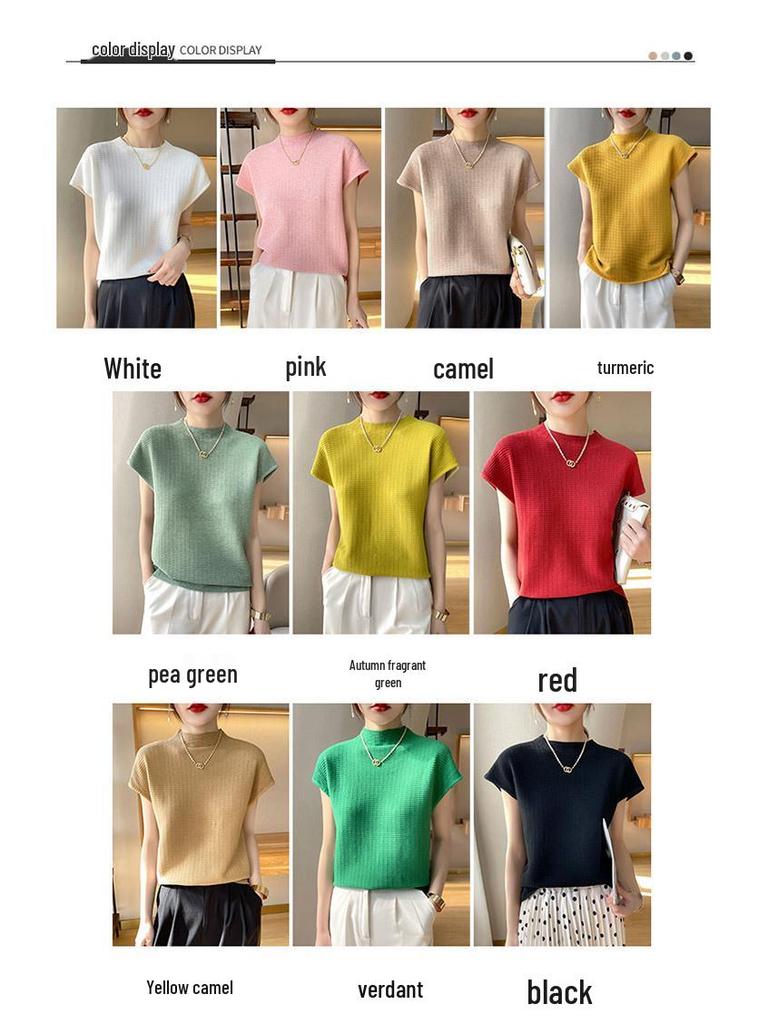 Damen locker gestrickter Pullover mit Kreuzstich, kurzärmelig - Halber Stehkragen, Übergröße, Basisshirt für den Herbst