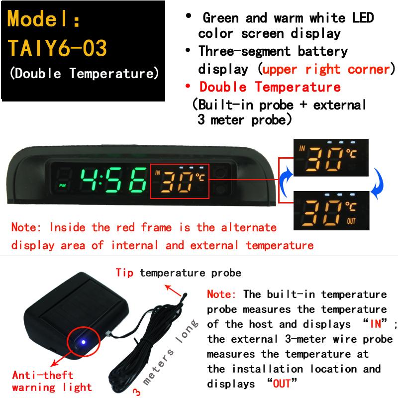 Solar Car Digital Clock Thermometer Dual Color Display Smart Switch High Precision LED Digital Clock Dashboard  Watch Accessorie